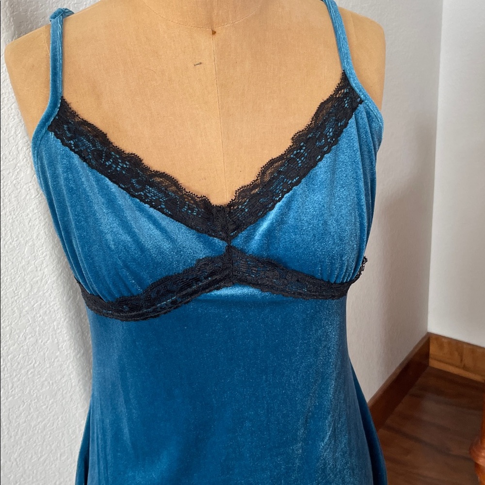 Vintage Y2K Ultra Flirt Blue Velvet Chemise Dress with Black Lace